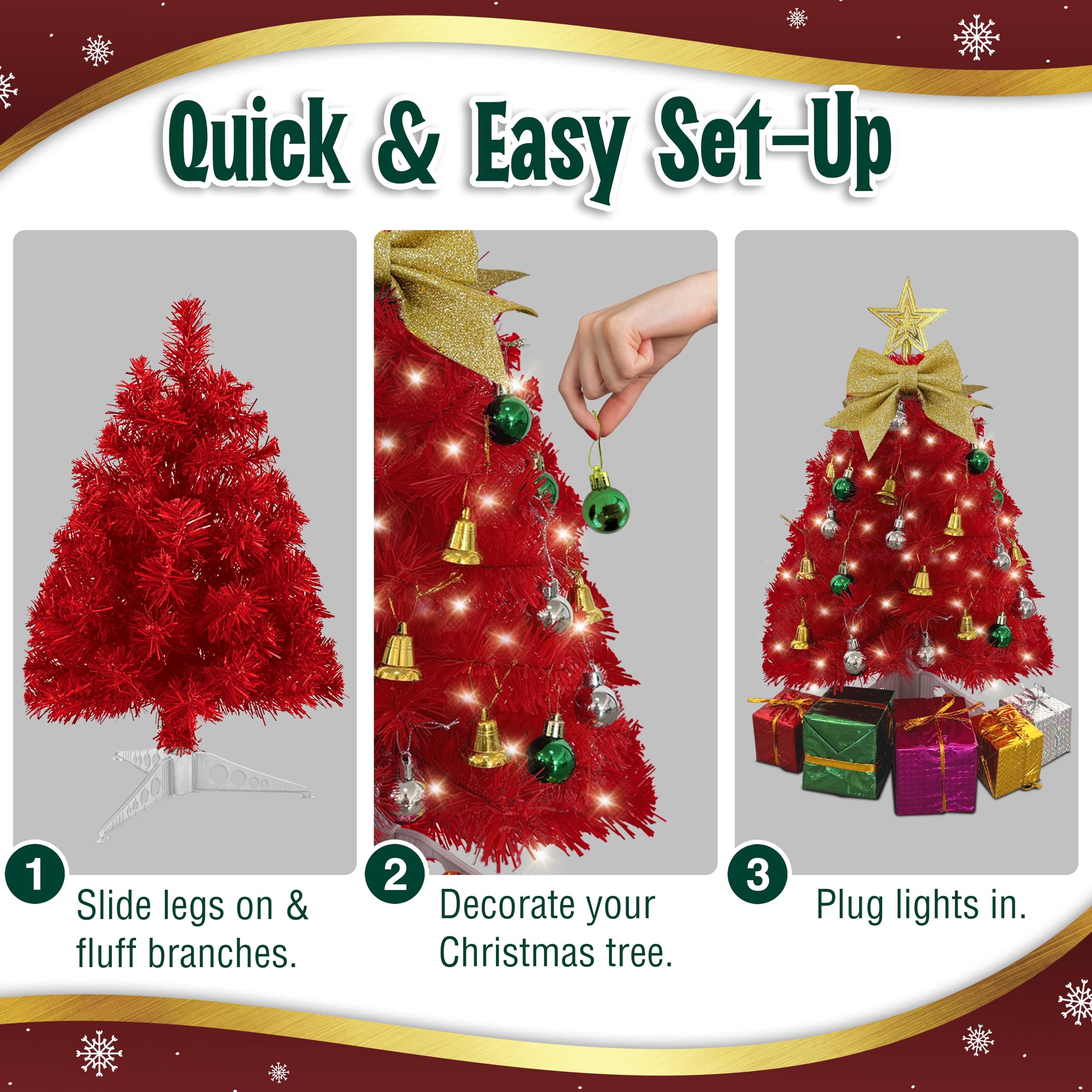 Small Red Christmas Tree with Lights - 23 Inch Mini Tabletop Christmas Tree with Warm-White LED Lights, Hanging Ornaments, Decor